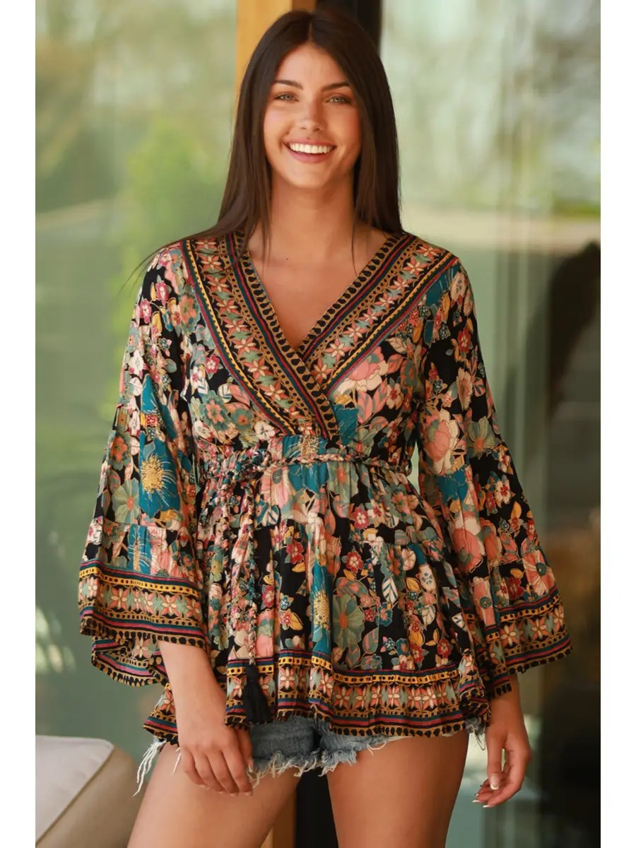 Lucy Wide Sleeve Blouse, Black Florals