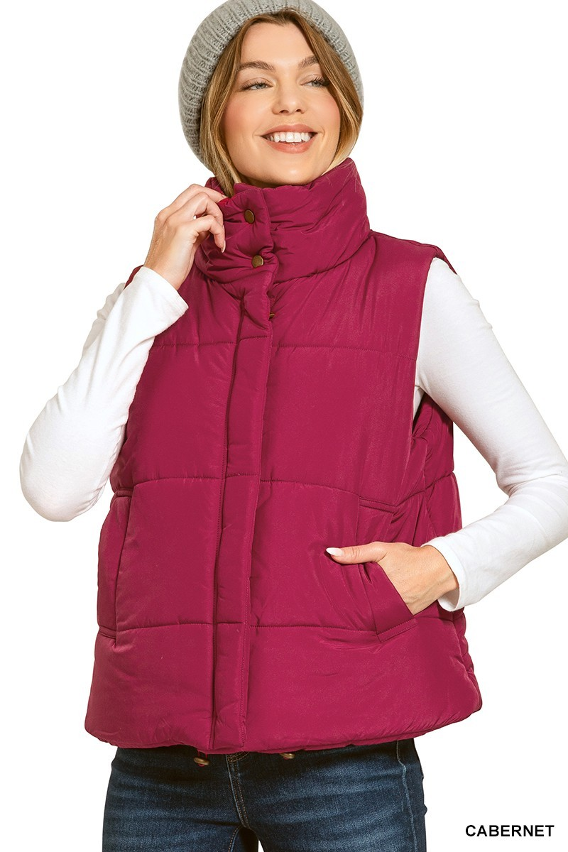 High Neck Puffer Vest, Cabernet