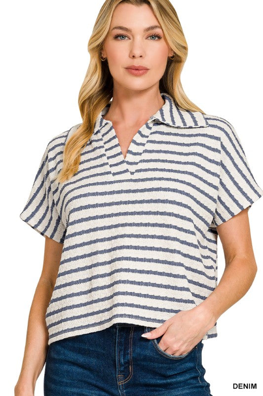 Paradise Striped Split Neck Collared Top