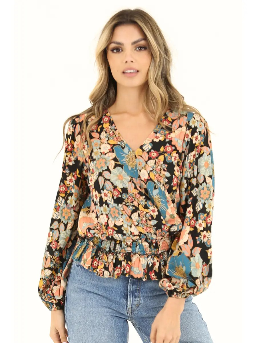Brooke V Neck Blouse, Black Florals