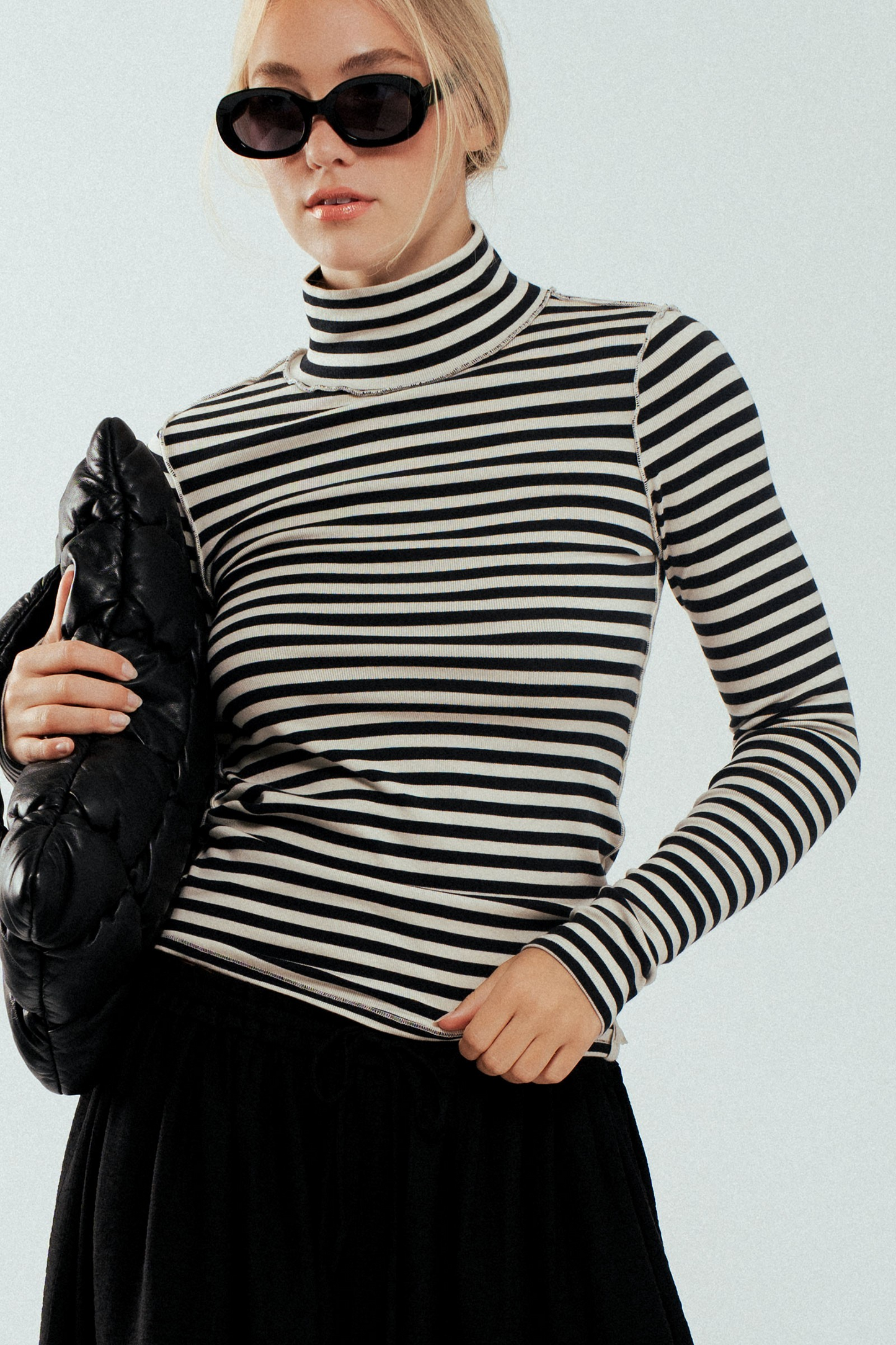 Gracie Striped Turtleneck, Black & Ivory