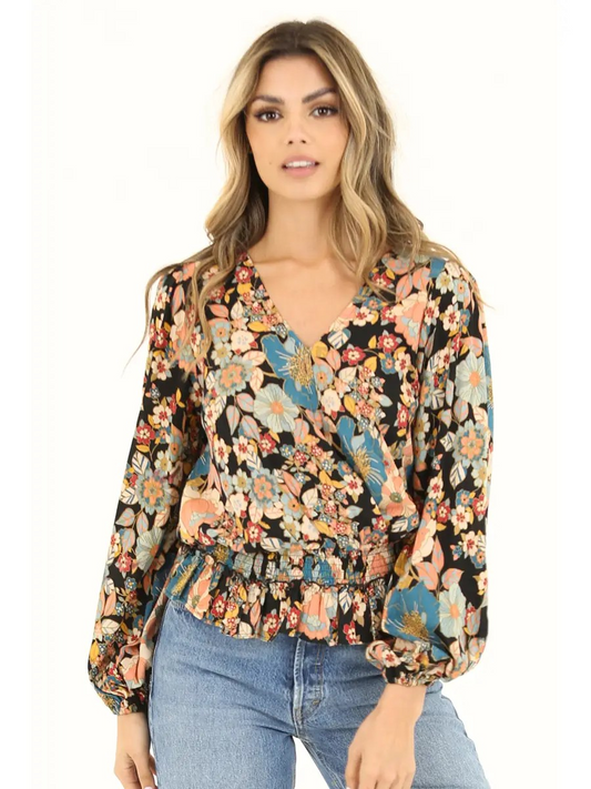 Brooke V Neck Blouse, Black Florals