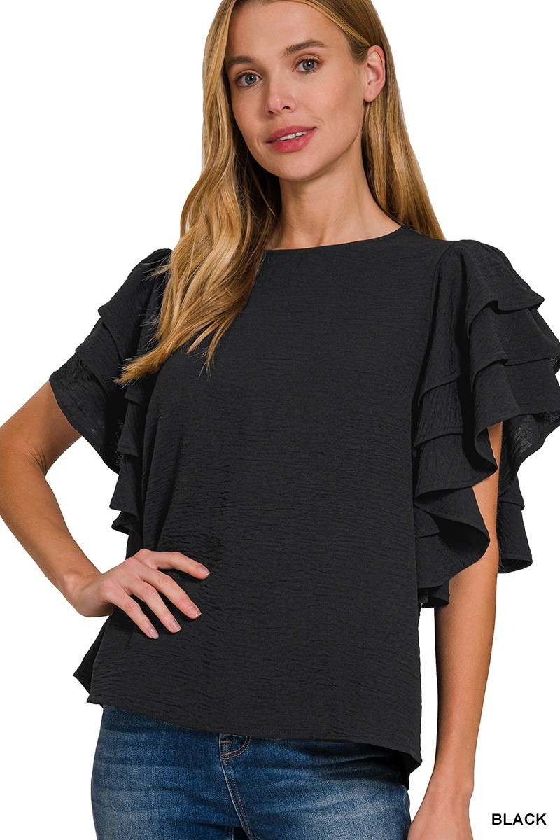 Amelia Ruffle Sleeve Top, Black